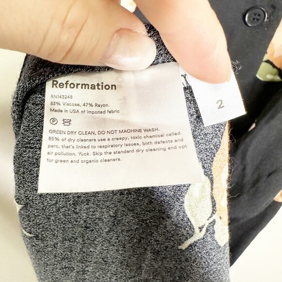Reformation Britt Dress Midi Button-Up V-Neck Short Sleeve Floral Black Size 2 - Picture 5 of 8